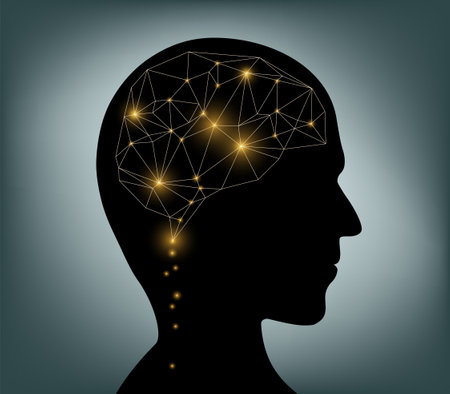 Abstract polygonal human brain in human head silhouette. Vector futuristic artificial intelligence.のイラスト素材