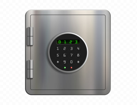 Metal safe icon. Door lock storage with buttons and numbers. Vector template isolated on transparent background.のイラスト素材