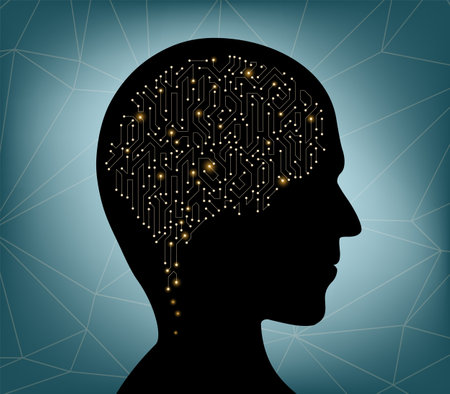 Silhouette of a human head with a circuit board inside. AI concept. Vector futuristic artificial intelligence.のイラスト素材