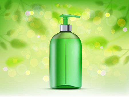 Glass bottle with green liquid soap or serum. Against the backdrop of nature plants and leaves. beauty product vector templateのイラスト素材