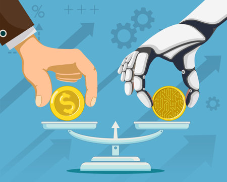 Businessman and robot hands put dollar and cryptocurrency coins on the scales. vector illustrationのイラスト素材