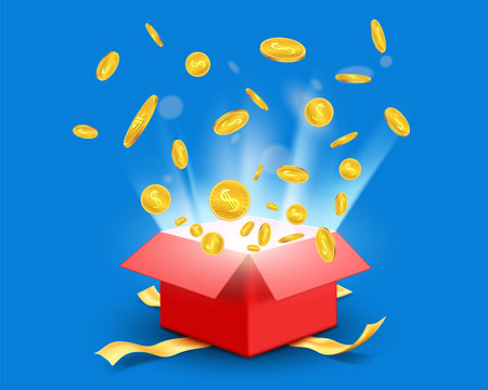 Golden coins fly out of a red gift box with a ribbon. vector illustrationのイラスト素材