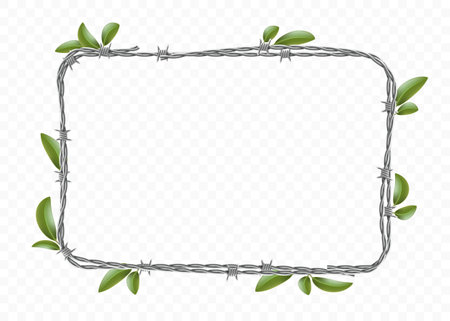 Frame made of metal barbed wire with green leaves. Copy space template isolated on a transparent background. vector illustration.のイラスト素材