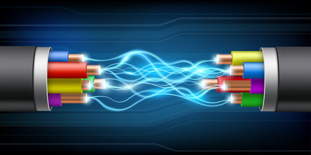 Electrical wires or cable with glowing electric arc discharge. vector illustrationのイラスト素材