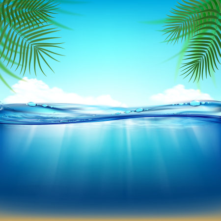 Underwater with waves on the sea and palm trees on the coast. vector illustrationのイラスト素材