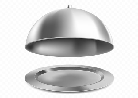 Metal tray with a cloche. Restaurant dish. Template isolated on transparent background. vector mockupのイラスト素材
