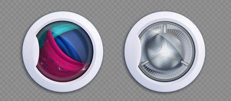 Washing machine drum with laundry and empty. Vector templates isolated on transparent backgroundのイラスト素材