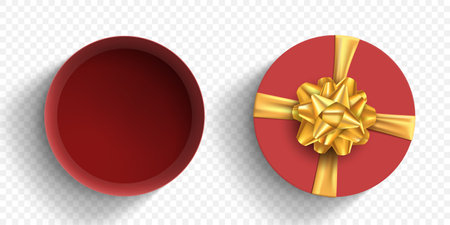 Template round open gift box with golden bow and ribbon. Vector mockup isolated on transparent background.のイラスト素材