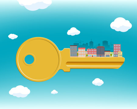 Key to lock with houses and street. real estate concept. vector illustrationのイラスト素材