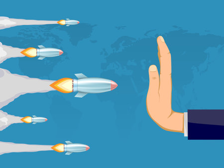 Hand of a man shows a stop gesture to flying rockets. no war. vector illustrationのイラスト素材