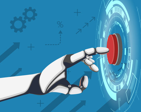 Robot presses the start button with a finger. Technological modern background. vector illustrationのイラスト素材