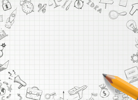 Sheet of notebook paper with penciled doodles and sketches. background for text. back to school. vector illustrationのイラスト素材