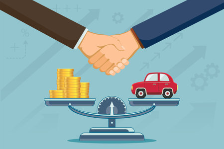 Car and money coins on the scales. Against the background of a handshake. Deal to buy or rent a car. Vector illustrationのイラスト素材