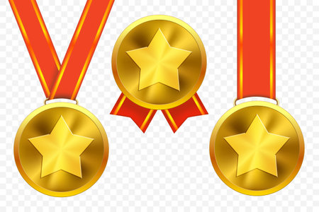 Golden medals with red ribbons. Template isolated on a transparent background. Stock vector mockup.のイラスト素材