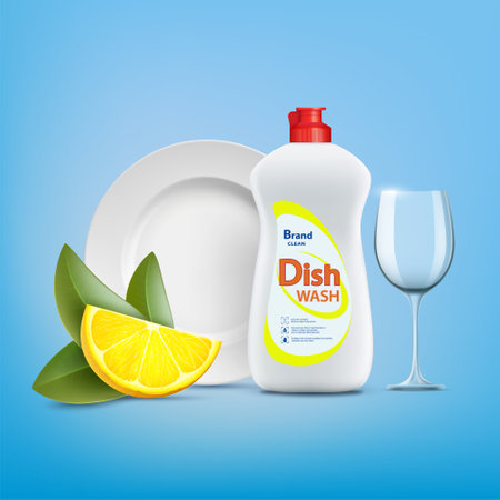 Dishwashing liquid soap with lemon in a plastic bottle next to clean the plate and glass. Stock vector illustrationのイラスト素材