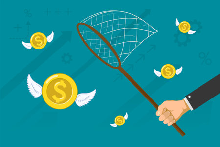 Businessman catches flying money with a net. Stock vector illustrationのイラスト素材