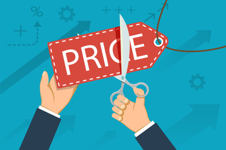 Human hands cutting a price tag with scissors. Stock vector illustrationのイラスト素材
