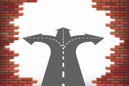Crossroads with traffic direction arrows through a broken brick wall. Stock vector illustrationのイラスト素材