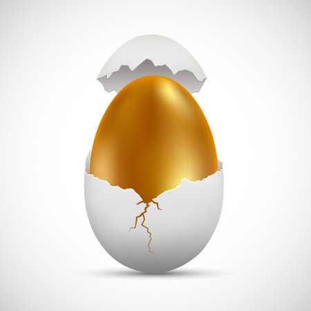 Golden chicken egg inside a broken white egg. Icon isolated on white background. Stock vector illustrationのイラスト素材