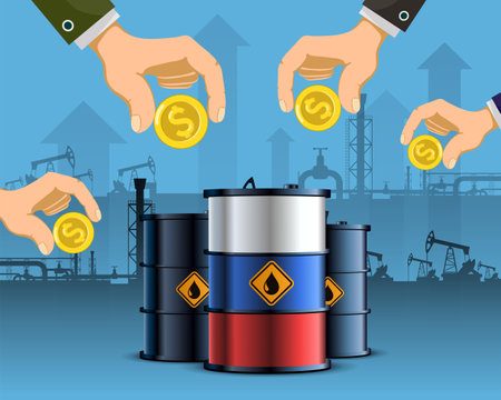 Hands with dollar coins buy crude oil from Russia. Stock vector illustration.のイラスト素材
