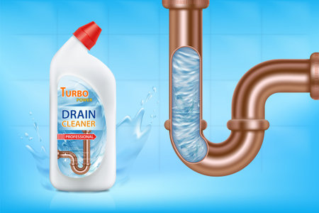 Plastic bottle with drain cleaner. Sewer pipe with clean water inside. Package template. Stock vector illustration.のイラスト素材