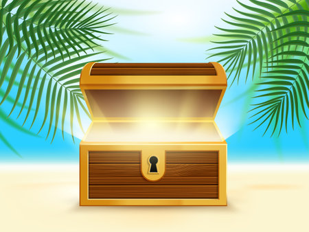 Open wooden treasure chest with glowing inside. Against the backdrop of an island with palm trees and sand. Stock vector illustration.のイラスト素材