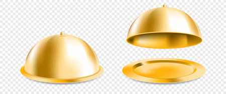 Metal golden tray with a cloche. Restaurant dish. Template isolated on transparent background. vector mockupのイラスト素材