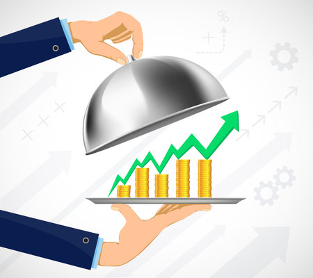 Businessman holding a tray with stacks of coins. Growing Business Success Graph with arrow.. Stock vector illustrationのイラスト素材