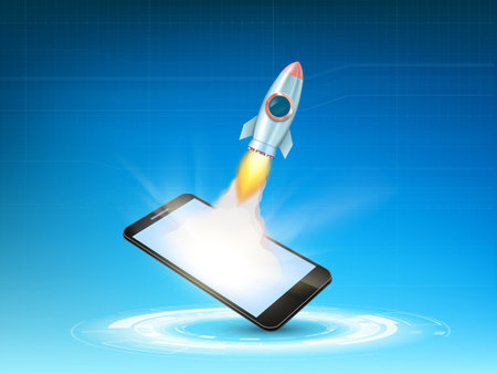 Rocket flies out of a smartphone screen. Stock vector illustrationのイラスト素材
