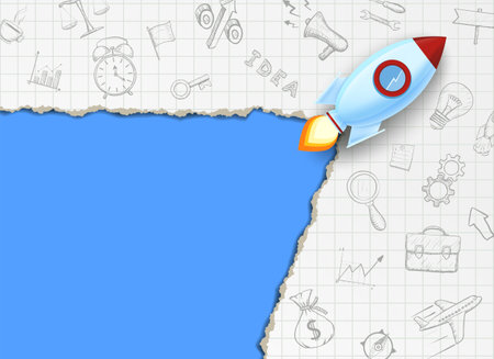 Rocket flies on a background of paper with drawn doodles. Business or school concept. Stock vector illustrationのイラスト素材