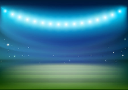 Stadium, soccer field is illuminated by floodlights. Stock vector illustration.のイラスト素材
