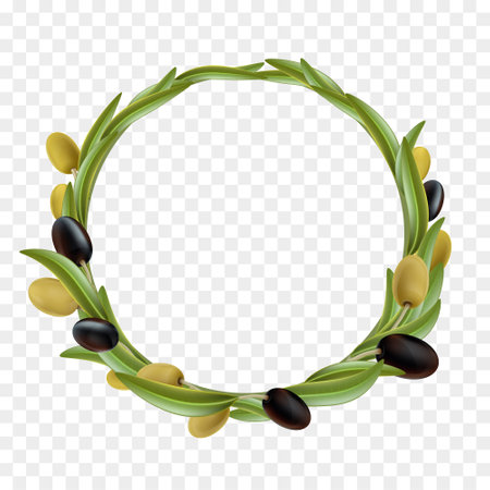 Round wreath of olive branches with green and black fruits. Object is isolated on a transparent background. Stock vector mockupのイラスト素材