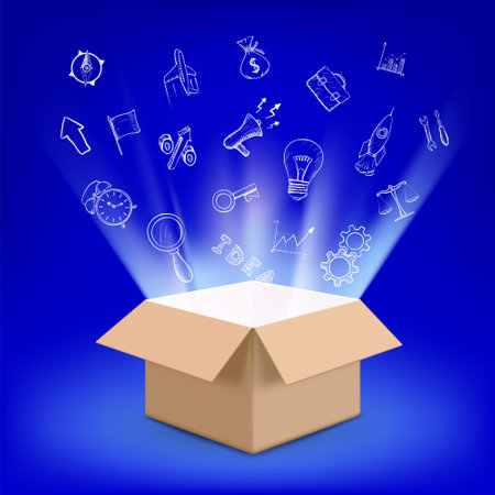 Open box with light inside and doodle business symbols or education. Stock vector illustrationのイラスト素材