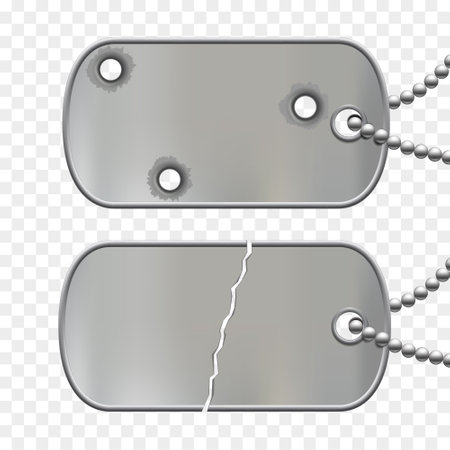 Military metal badge with chain. Damaged dog tags with cracks and bullet holes. Mockups isolated on transparent background. Vector stock illustrationのイラスト素材