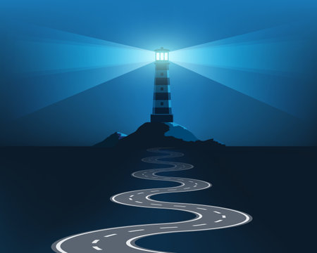 Winding road leads to the light of the lighthouse. Stock vector illustrationのイラスト素材