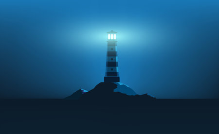Lighthouse on the rocks in the dark. Stock vector illustrationのイラスト素材