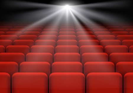 Empty red chairs in the cinema hall. Film projector beam. Stock vector illustrationのイラスト素材
