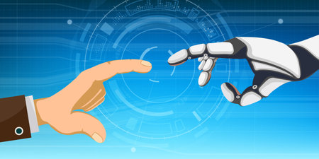 Robot and human hands touch with fingers. Vector illustrationのイラスト素材