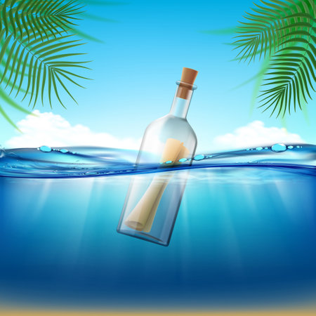 Glass bottle with a message floats in the water. Stock vector illustrationのイラスト素材