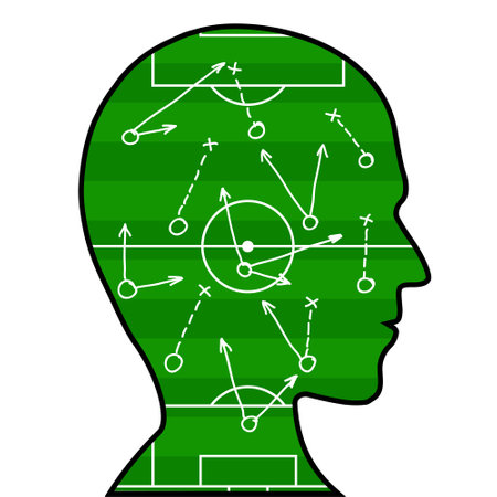 Silhouette of a human head with a drawn scheme and soccer game tactics. Isolated on white background. Stock vector mockupのイラスト素材