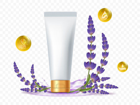 Cream tube mockups with lavender flowers. Templates isolated on transparent background. Vector stock illustrationのイラスト素材