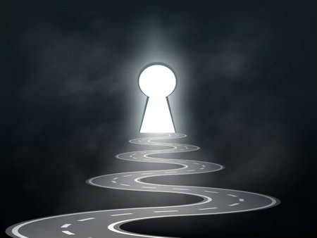 Wnding road leads to a keyhole with light. On a dark background. Stock vector illustrationのイラスト素材