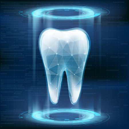 Human tooth on modern technology background. Teeth whitening and treatment. Stock vector illustrationのイラスト素材