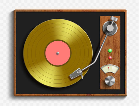 Vintage record player with retro vinyl disc. Isolated on transparent background. Stock vector illustration.のイラスト素材