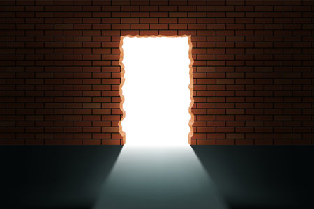 Hole in broken brick wall with light inside. Stock vector illustrationのイラスト素材