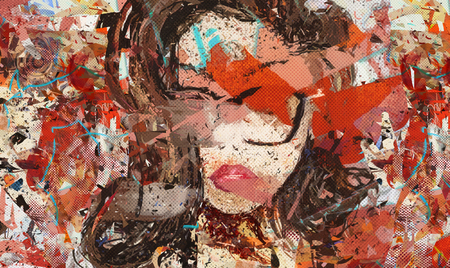 Digital art. Modern. Poster. Face of girl in glasses. Digital painting. Contemporary art. Expressionism. Grunge. Beautiful woman portrait. Abstract fashion illustration. Picture for interior, in room.の写真素材