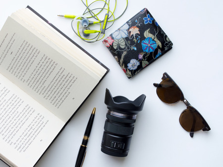 Top view of  men accessories. Isolated on white background.の写真素材