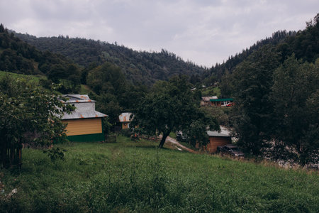 Morning foggy clouds in autumn mountain countryside. Ukraine, Transcarpathia. High quality photoの写真素材