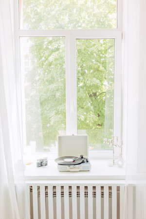 Interior of light living room with sofas, rattan table and soft carpetの写真素材