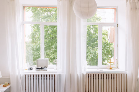 Interior of light living room with sofas, rattan table and soft carpetの写真素材